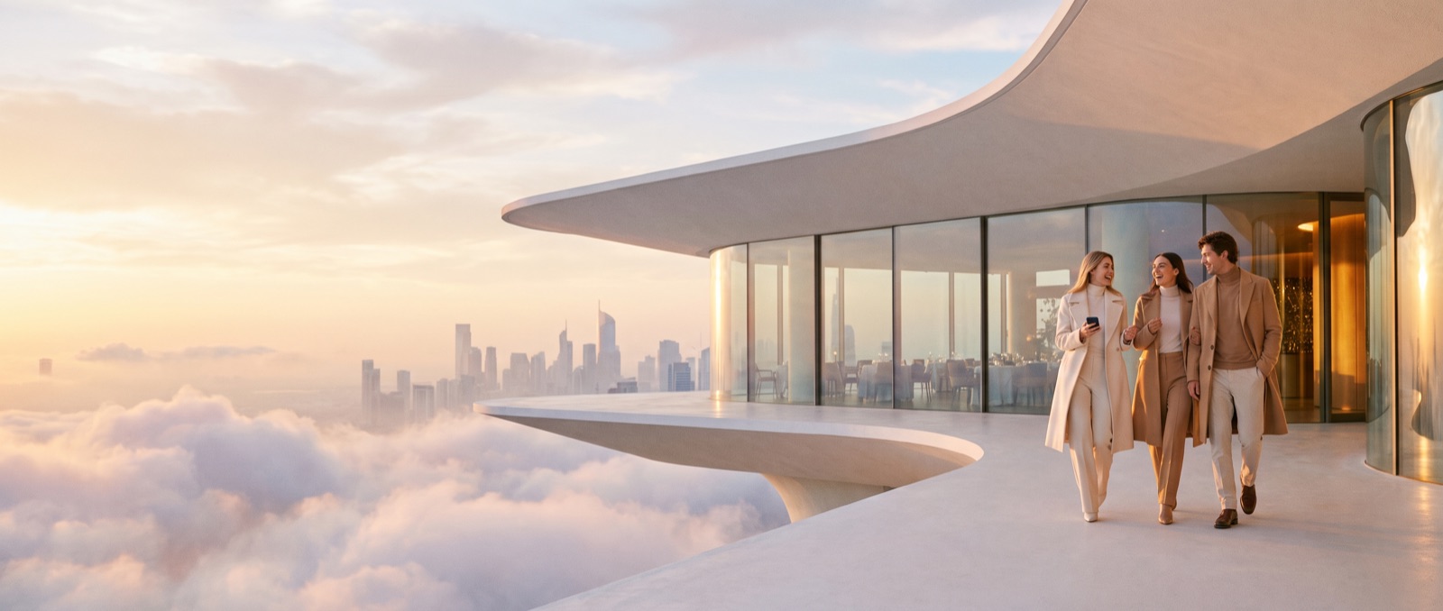 Golden hour on a cantilevered restaurant terrace above the clouds; three friends in cream and camel coats walk in, laughing.