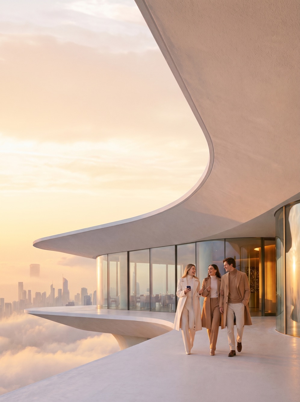 Golden hour on a cantilevered restaurant terrace above the clouds; three friends in cream and camel coats walk in, laughing.